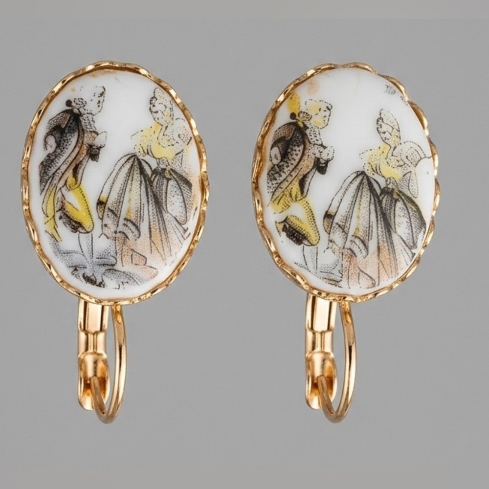 Vintage Fragonard Style Porcelain Courting Couple Clip-On Earrings